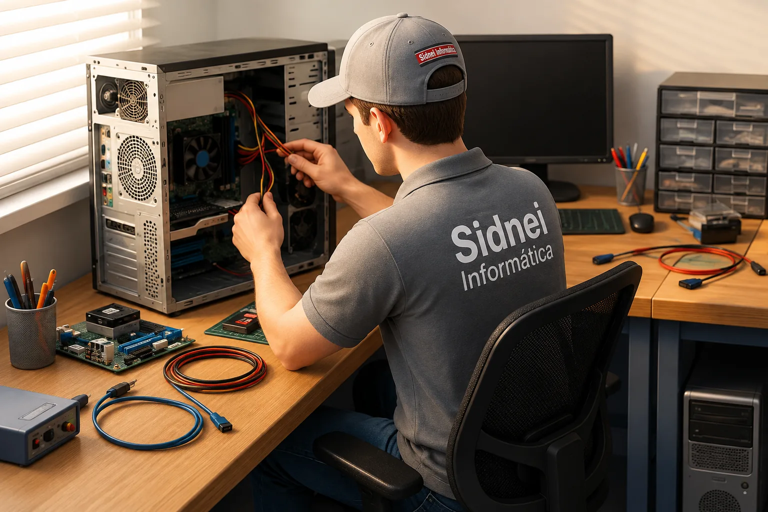Técnico realizando manutenção em computador